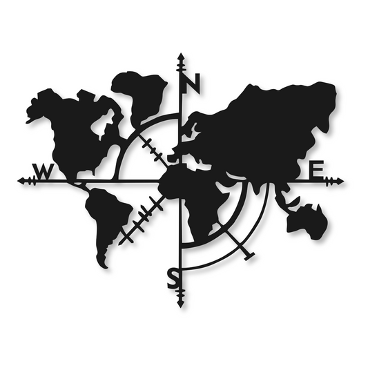 World Map Compass Wall Art Metal Sign | World Home Decor
