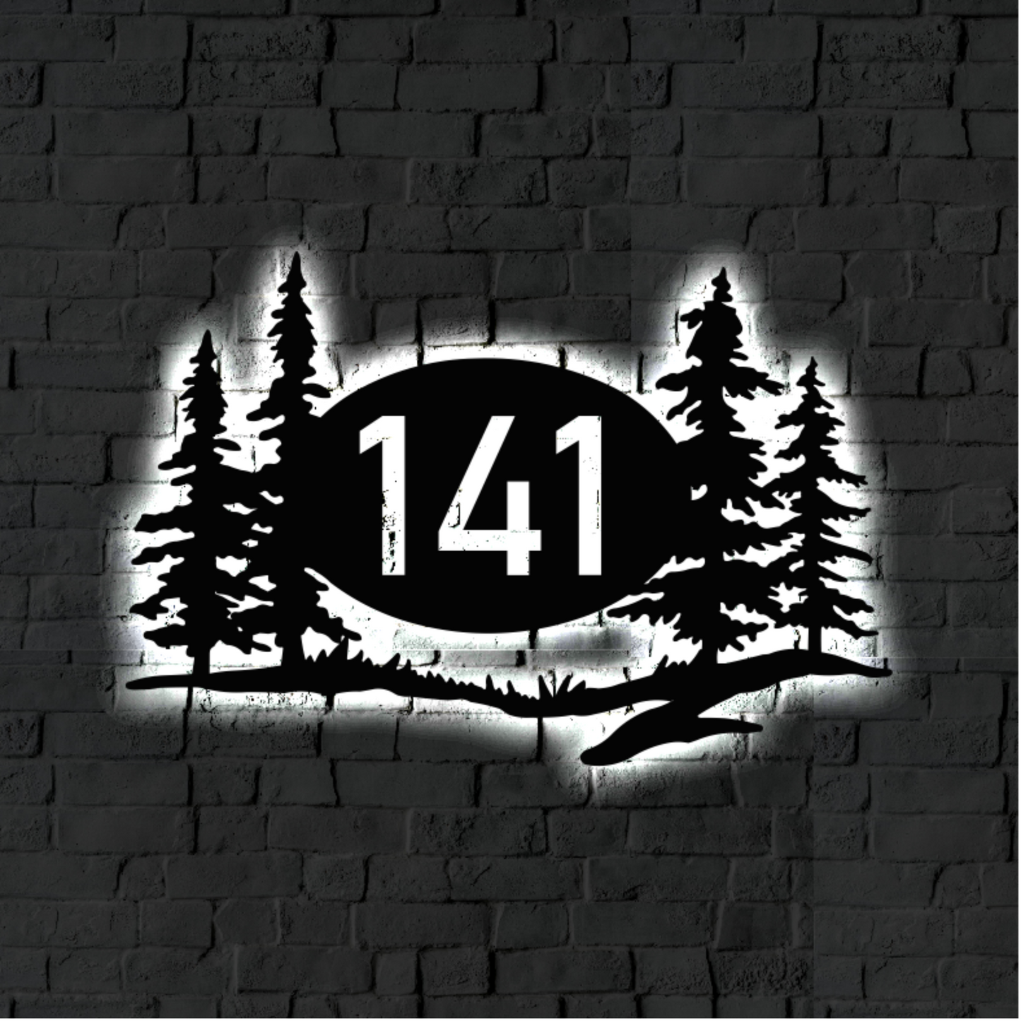 Solar Backlit Metal Address Sign / Trees LED metal house numbers / House Number Plaque with Lighting