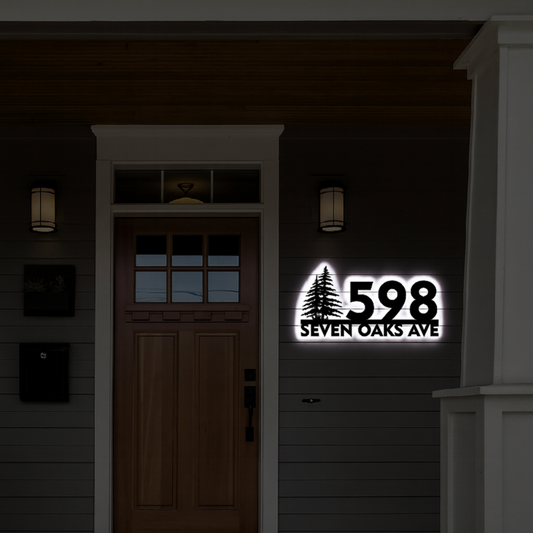 Solar Backlit Metal Address Sign / Wispy Tree LED metal house numbers / House Number Plaque with Lighting