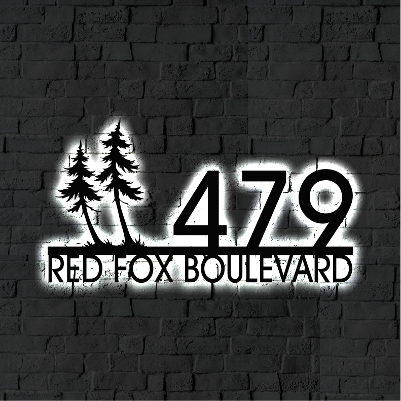 Solar Backlit Metal Address Sign / Wispy Trees LED metal house numbers / House Number Plaque with Lighting