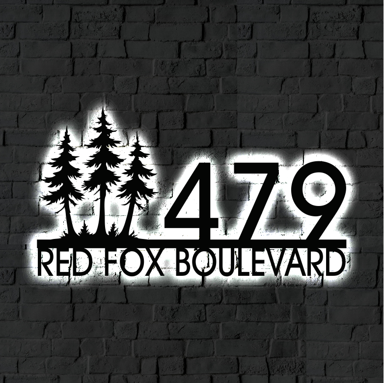 Solar Backlit Metal Address Sign / Wispy Trees LED metal house numbers / House Number Plaque with Lighting