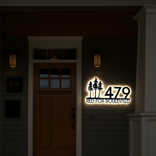 Solar Backlit Metal Address Sign / Wispy Trees LED metal house numbers / House Number Plaque with Lighting