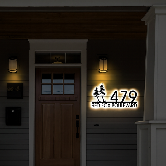 Solar Backlit Metal Address Sign / Wispy Trees LED metal house numbers / House Number Plaque with Lighting