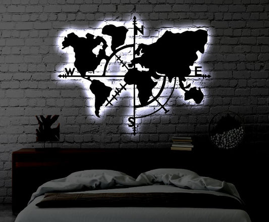 World Map Compass LED Metal Art Sign / Light up Compass Metal Sign
