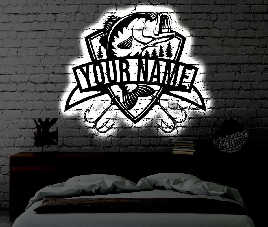 Personalized Fishing LED Metal Art Sign / Light up Fisher Metal Sign