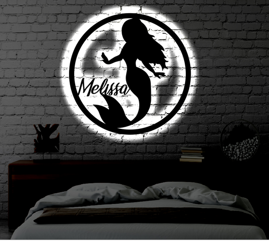 Personalized Mermaid LED Metal Art Sign / Light up Girls Room Mermaid Metal Sign