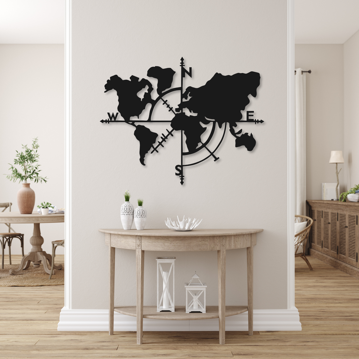 World Map Compass Wall Art Metal Sign | World Home Decor