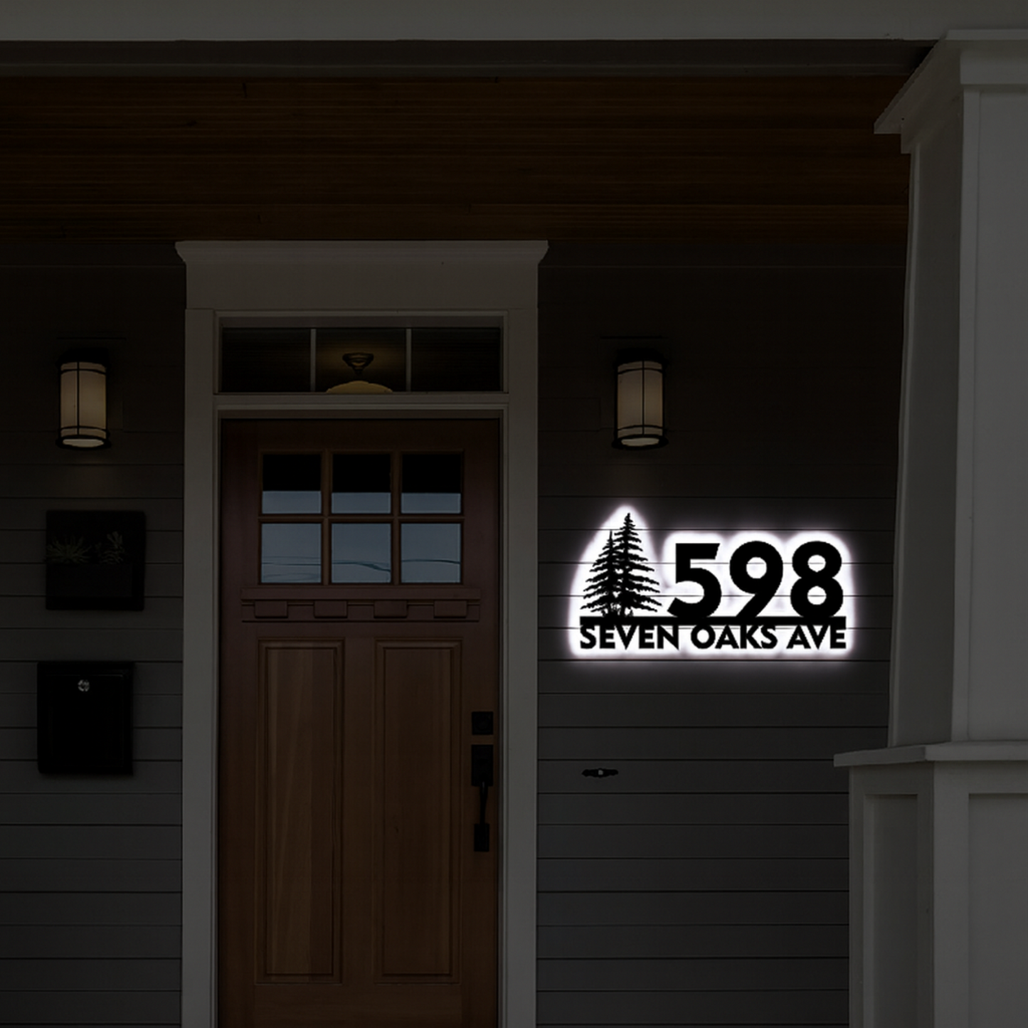 Solar Backlit Metal Address Sign / Wispy Tree LED metal house numbers / House Number Plaque with Lighting