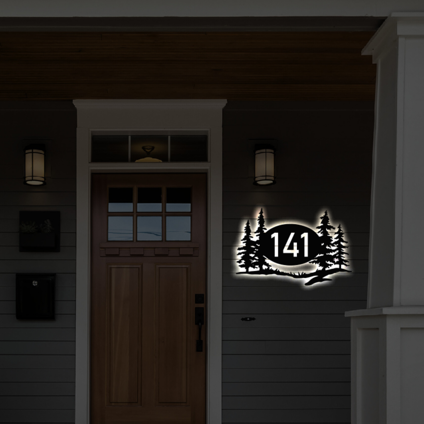 Solar Backlit Metal Address Sign / Trees LED metal house numbers / House Number Plaque with Lighting