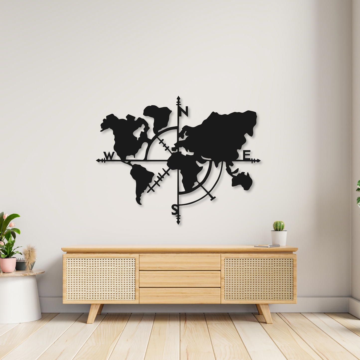 World Map Compass Wall Art Metal Sign | World Home Decor