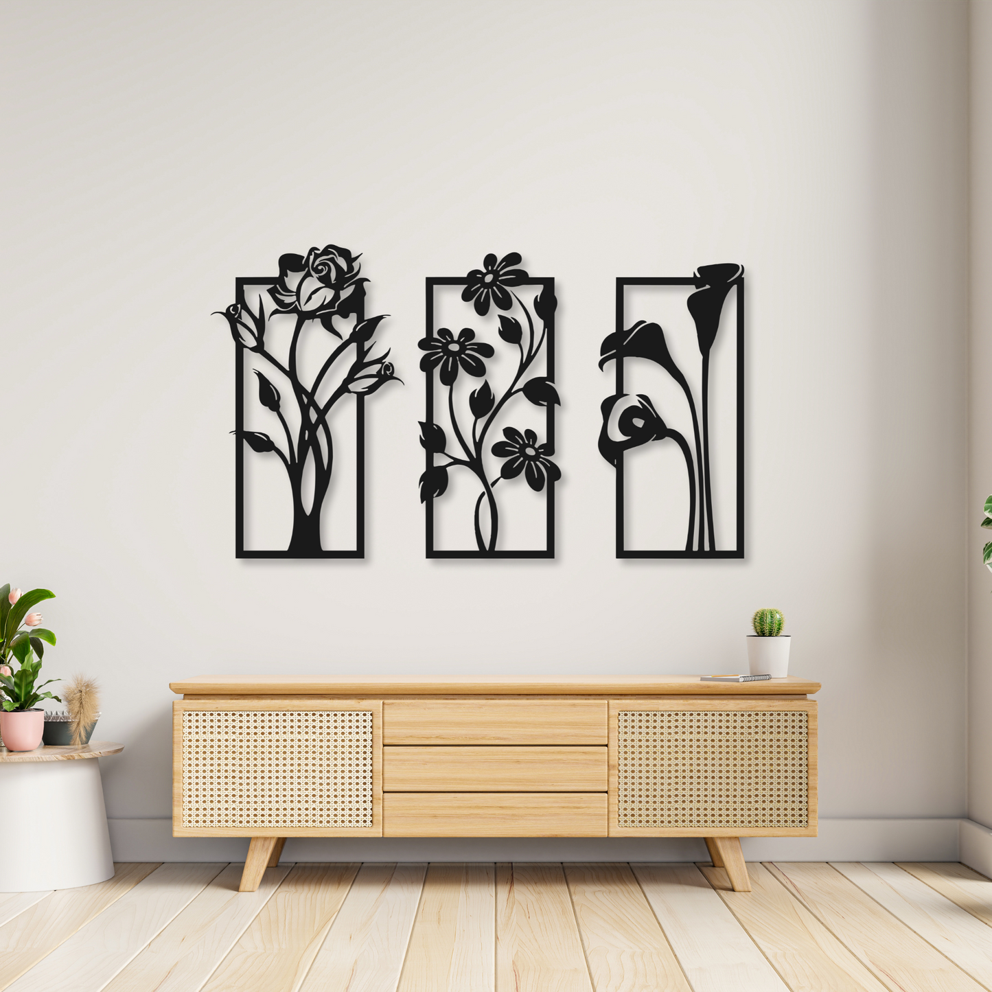 Three Piece Flower Metal Wall Art / Metal Nature Home Decor