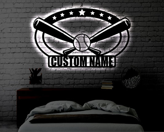 Personalized Baseball LED Metal Art Sign / Light up Kids Room Baseball Metal Sign