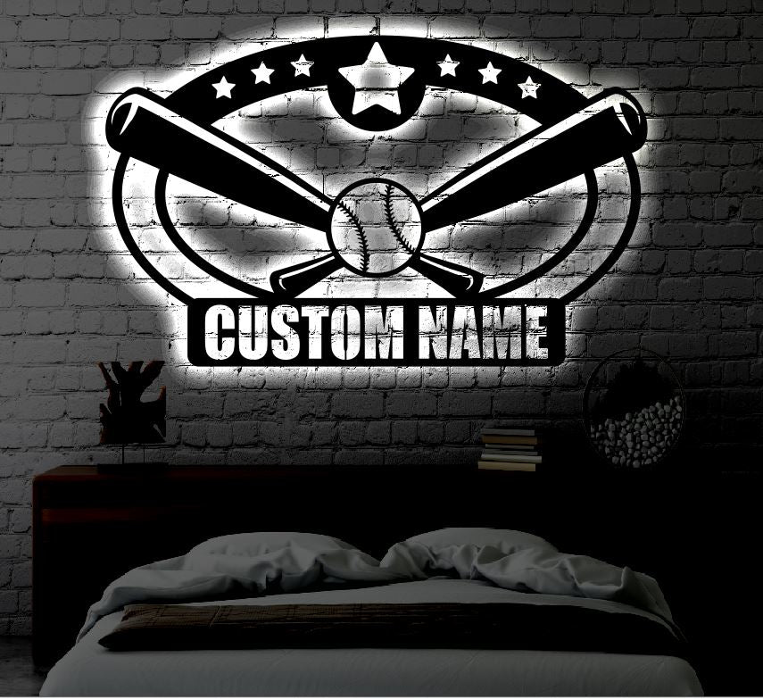 Custom Led Baseball Sign Personalized Baseball LED Metal Art Sign / Light up Kids Room Baseball ...