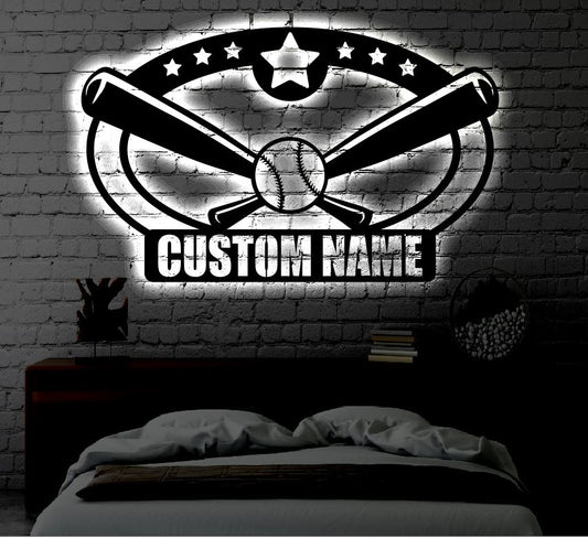 Personalized Baseball LED Metal Art Sign / Light up Kids Room Baseball Metal Sign