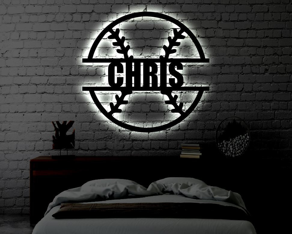 Personalized Baseball LED Metal Art Sign / Light up Kids Room Baseball Metal Sign