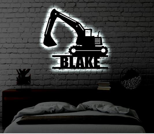 Personalized Construction LED Metal Art Sign / Light up Kids Room Excavator Metal Sign