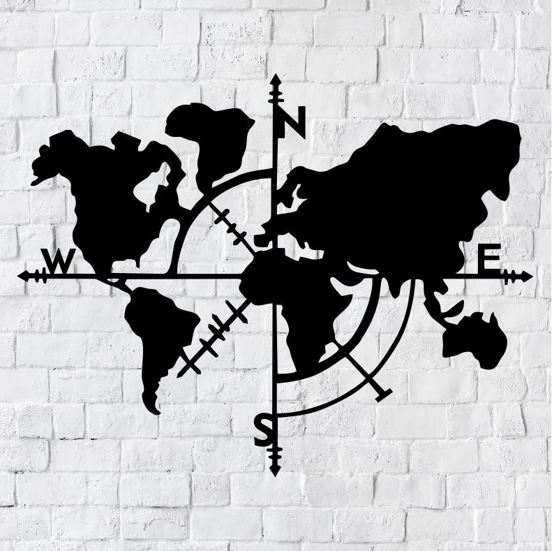 World Map Compass LED Metal Art Sign / Light up Compass Metal Sign