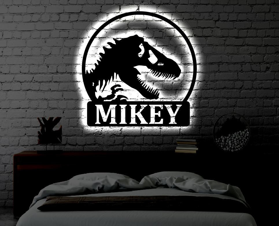 Personalized Dinosaur LED Metal Art Sign / Light up Kids Room Dino Metal Sign