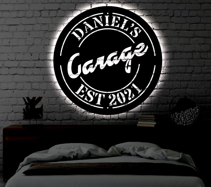 Personalized LED Garage Metal Sign | Light up Home Garage Wall Art