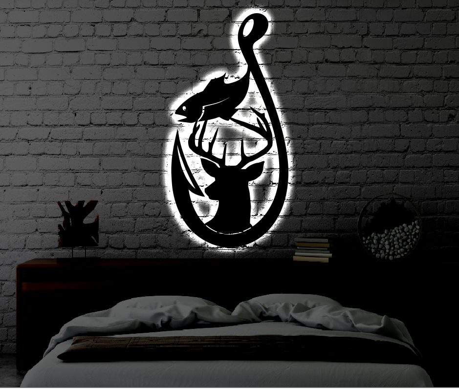 LED Fishing Hook Metal Sign | Light up Fishing Wall Art