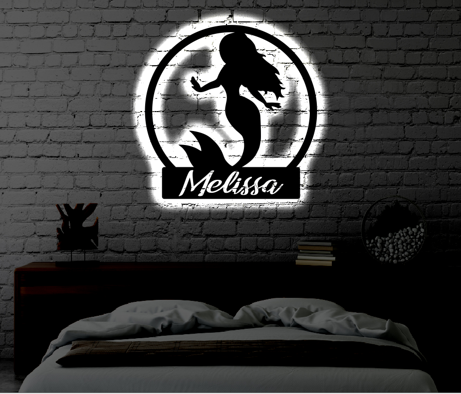 Personalized Mermaid LED Metal Art Sign / Light up Girls Room Mermaid Metal Sign