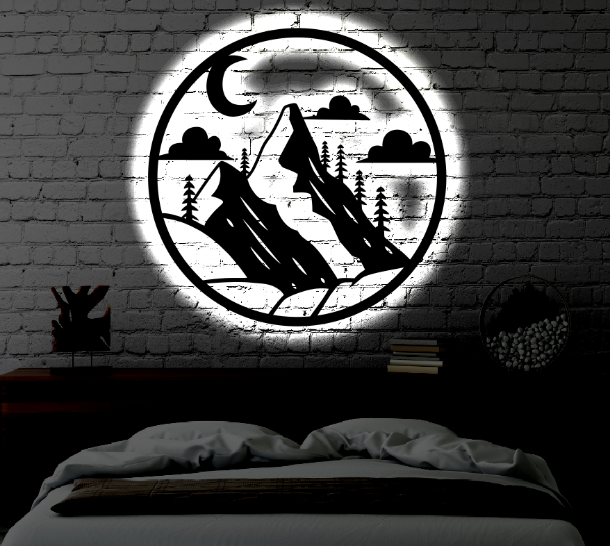 LED Mountain Metal Art Sign / Light up Mountain Metal Sign