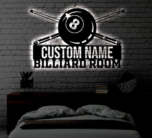 Personalized Billiard LED Metal Art Sign / Light up Billiard Pool Metal Sign