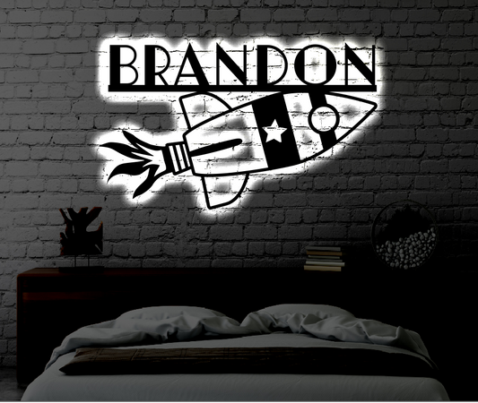 Personalized Rocket ship LED Metal Art Sign / Light up Kids Room Rocketship Metal Sign