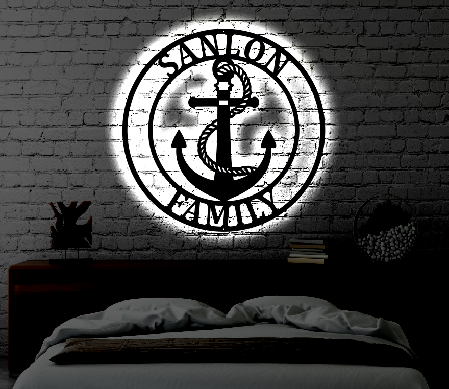 Personalized LED Cottage Anchor Monogram Metal Art Sign / Light up Monogram Metal Sign