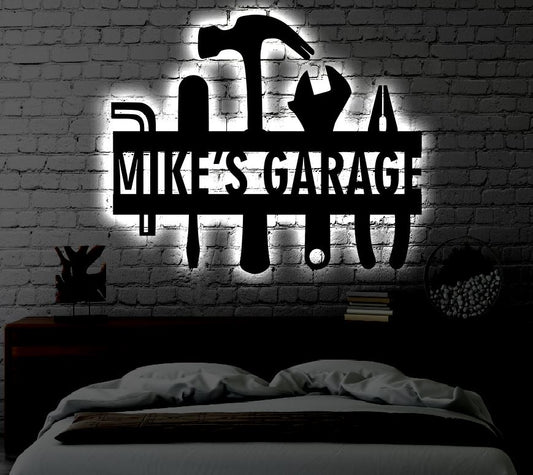 Personalized LED Garage Metal Sign | Light up Home Garage Wall Art