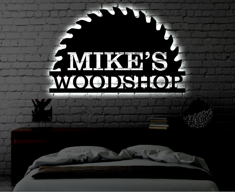 Personalized LED Garage Woodshop Metal Sign | Light up Home Garage Wall Art